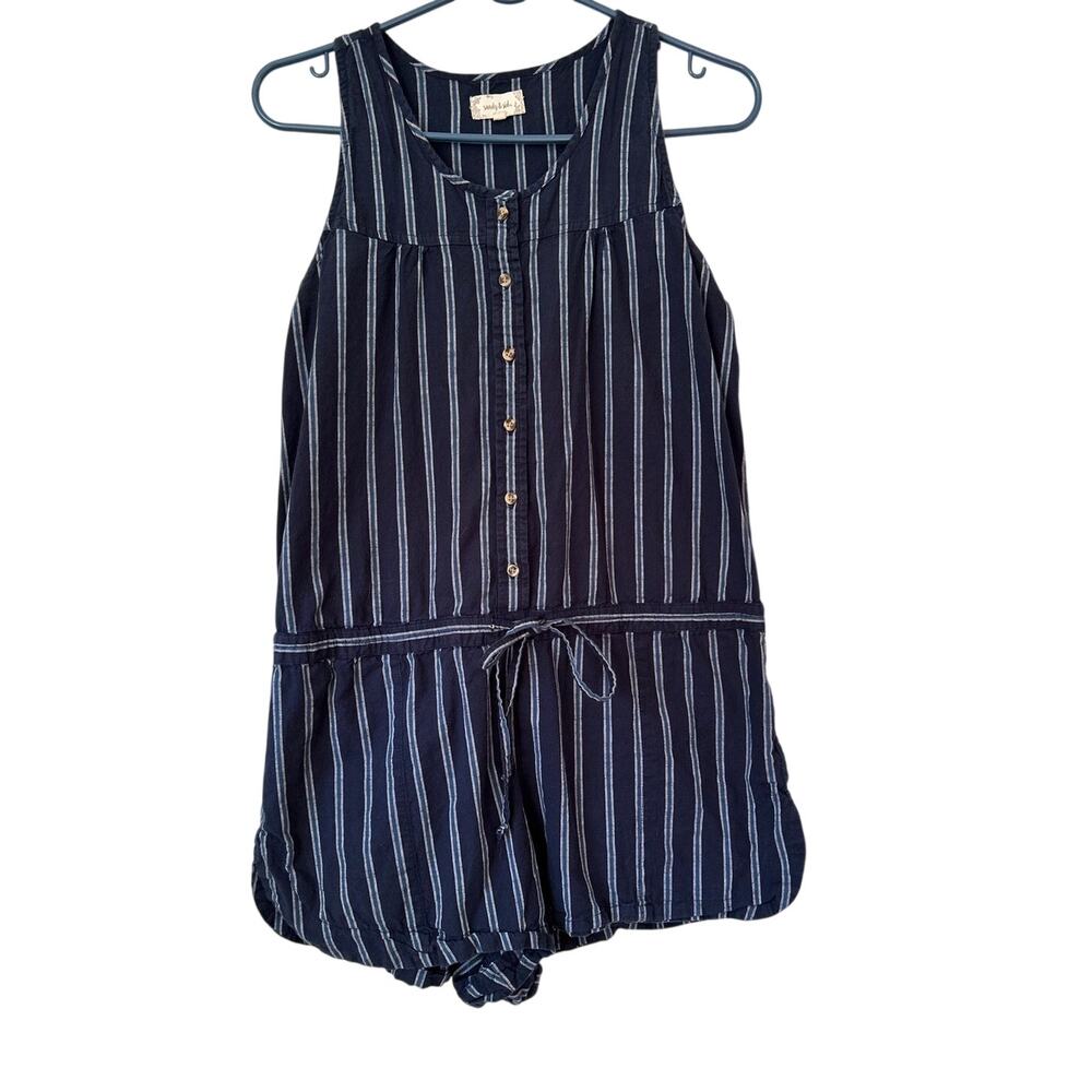 Sandy & Sid One-Piece Striped Sleeveless Romper Button Front 100% Cotton Size L